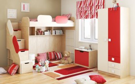 Детская комната Бэрри (Бежевый/Красный/корпус Клен) в Муромцево - muromcevo.katalogmebeli.com | фото