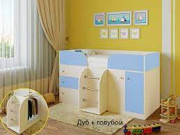 Кровать-чердак Малыш-4 Дуб молочный/Голубой в Муромцево - muromcevo.katalogmebeli.com | фото