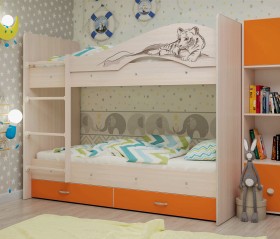 Кровать Мая-Сафари двухъярусная с ящикамиМлечный дуб/Оранжевый в Муромцево - muromcevo.katalogmebeli.com | фото
