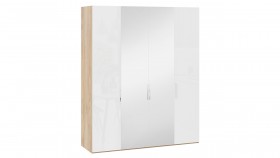 Шкаф комбинированный с 2 глухими и 2 зеркальными дверями «Эмбер» Яблоня Беллуно/Белый глянец в Муромцево - muromcevo.katalogmebeli.com | фото